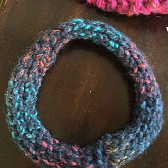 Wool multicolor hand knit chunky headband stretch navy turquoise pink orange L - Picture 1 of 9